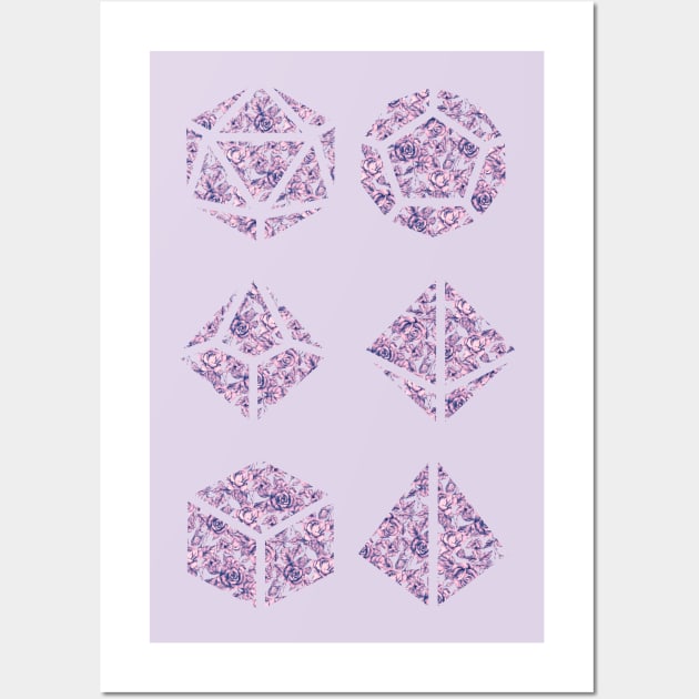 Pink and Blue Gradient Rose Vintage Pattern Silhouette Polyhedral Dice - Dungeons and Dragons Design Wall Art by GenAumonier